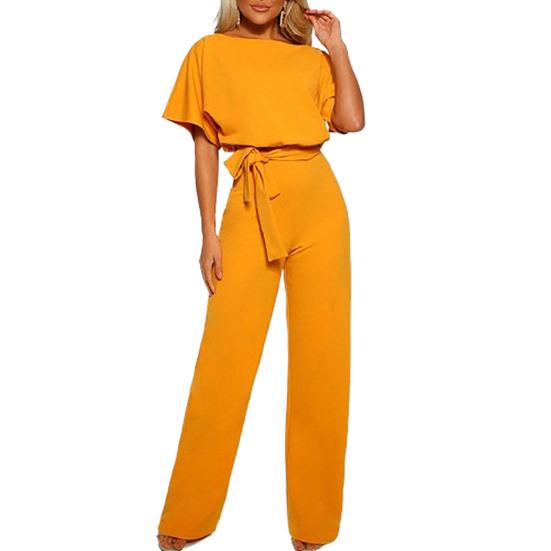 Women Jumpsuit with Lace-up Belt Wide Leg Short Sleeves Pure Color O Neck High Waist Outfit Casual Formal Long Romper Outfit