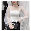 Mesh Puff Sleeve Elastic Waist Women Blouse Square Neck Cropped Top Black White Sweet Fairy Style Lace Up Bow Spring Summer