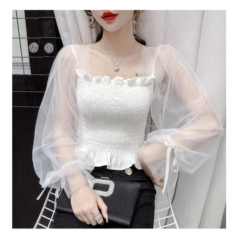 Mesh Puff Sleeve Elastic Waist Women Blouse Square Neck Cropped Top Black White Sweet Fairy Style Lace Up Bow Spring Summer