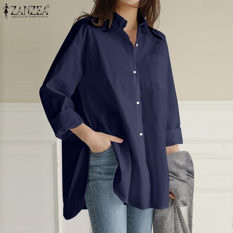 ZANZEA Vintage Women Lapel Neck Button Front Tunic Shirts Loose Casual Long Sleeve Irregular Blouse Tops