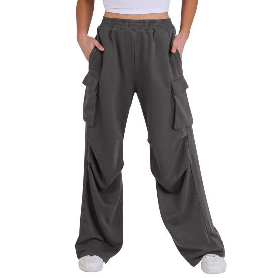 Women Cargo Pants Elastic Waist Mid-rise Straight Wide Leg Sweatpants with Multi Pockets Solid Color Casual Jogging Pants Loose Lounge Pants