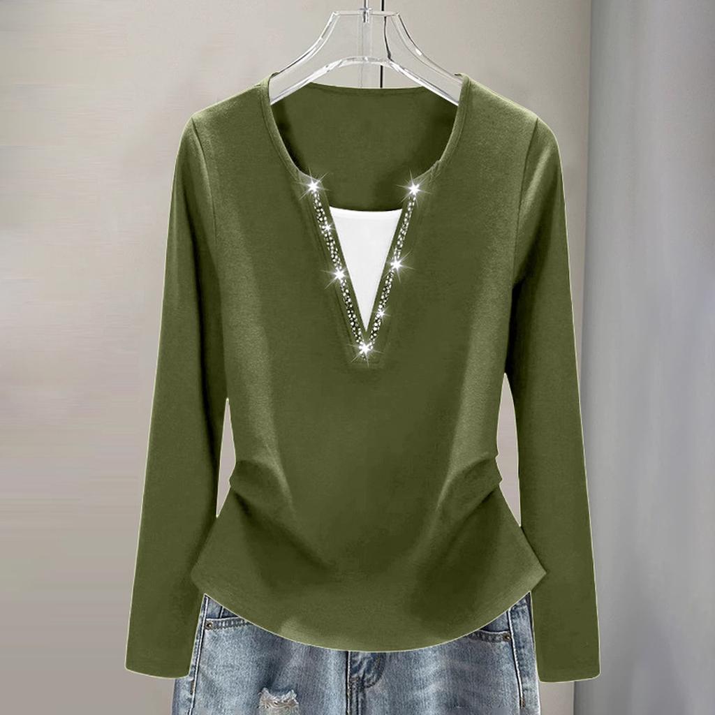 Ladies' Casual Fashion Fake Two-piece Long Sleeved Base Shirt With Rhinestone Hot Stamping T-shirt Plus Size Top