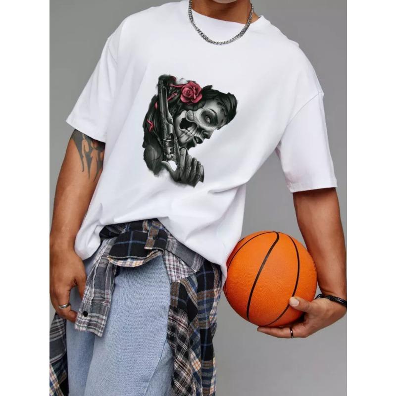 White T Shirt with Skull and Rose Design for Casual Wear
