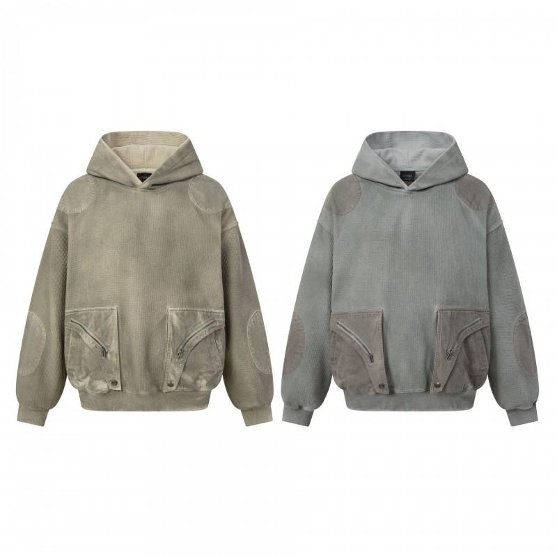 Mens Oversized Hoodie With Patchwork Design Washed Distressed Finish Zippered Pockets Streetwear Style