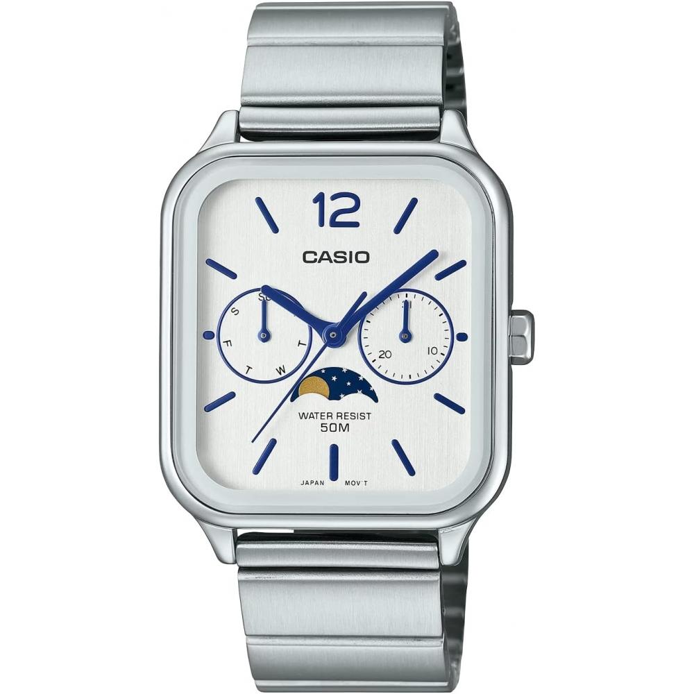 CaSio Men S Analog Moon phaSe Watch Metal Band Silver Mtp M305d 7av