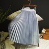 Женская длинная юбка, японская атласная плиссированная юбка с металлическим эффектом, трапециевидная юбка, высокая эластичная талия, средней длины