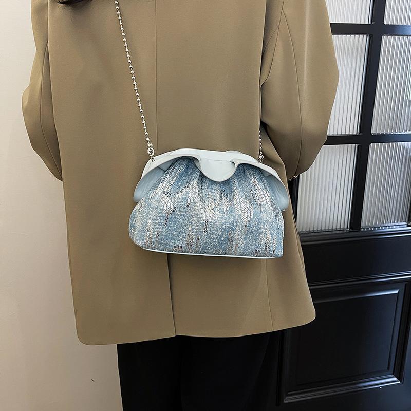 Folded cloud bag women's 2025 autumn new denim sequined clip bag premium chain shoulder messenger bag
