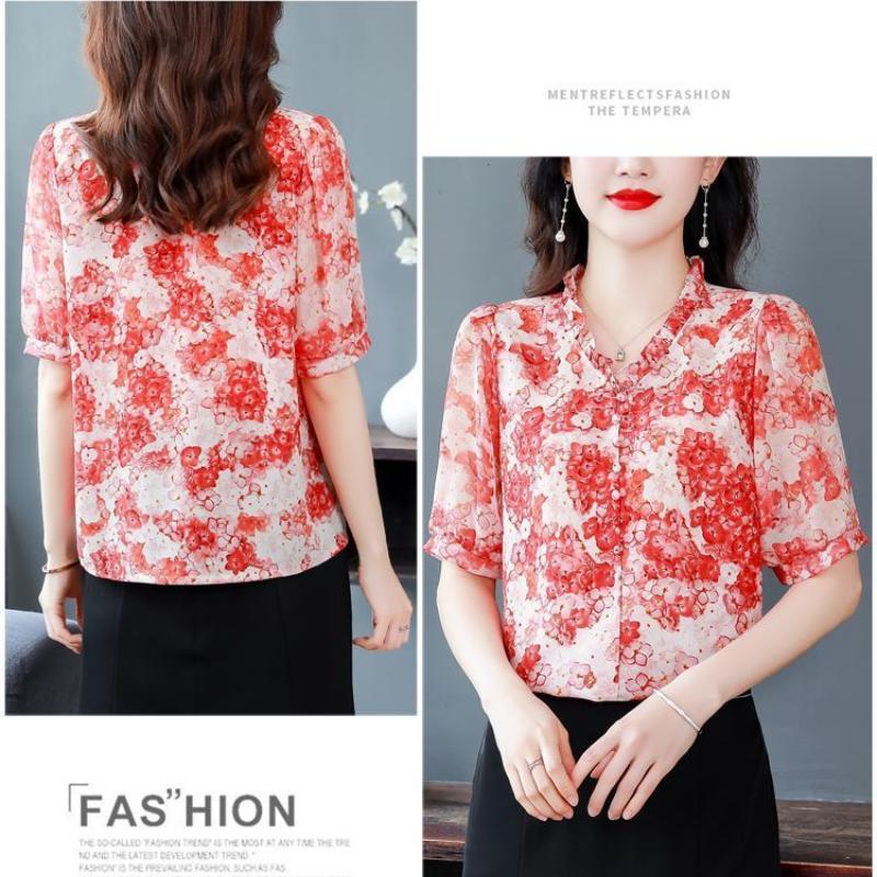 Шифоновая рубашка с цветочным принтом для мамы, новая летняя блузка с короткими рукавами, женская модная блузка с v-образным вырезом и принтом, M-4XL