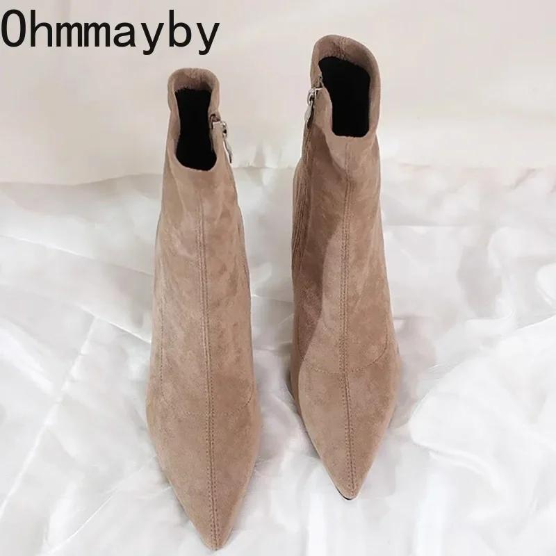 Остроносые женские флисовые сапоги-носки, модные туфли с боковыми молниями, осень-зима, высокие каблуки, женские короткие сапоги Morder