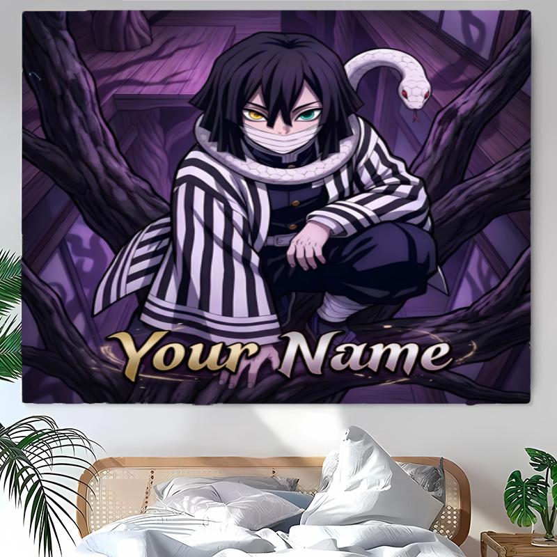Iguro Obanai Tapestry with Custom Name Wall Hanging Room Background Cloth Home Decor Beach Mat Yoga Mat Sofa Bed Sheet
