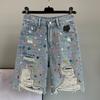 European Style High Waist Loose Fit Jeans Shorts with Colorful Diamond Inlaid Holes Summer Fashion Women's Pants