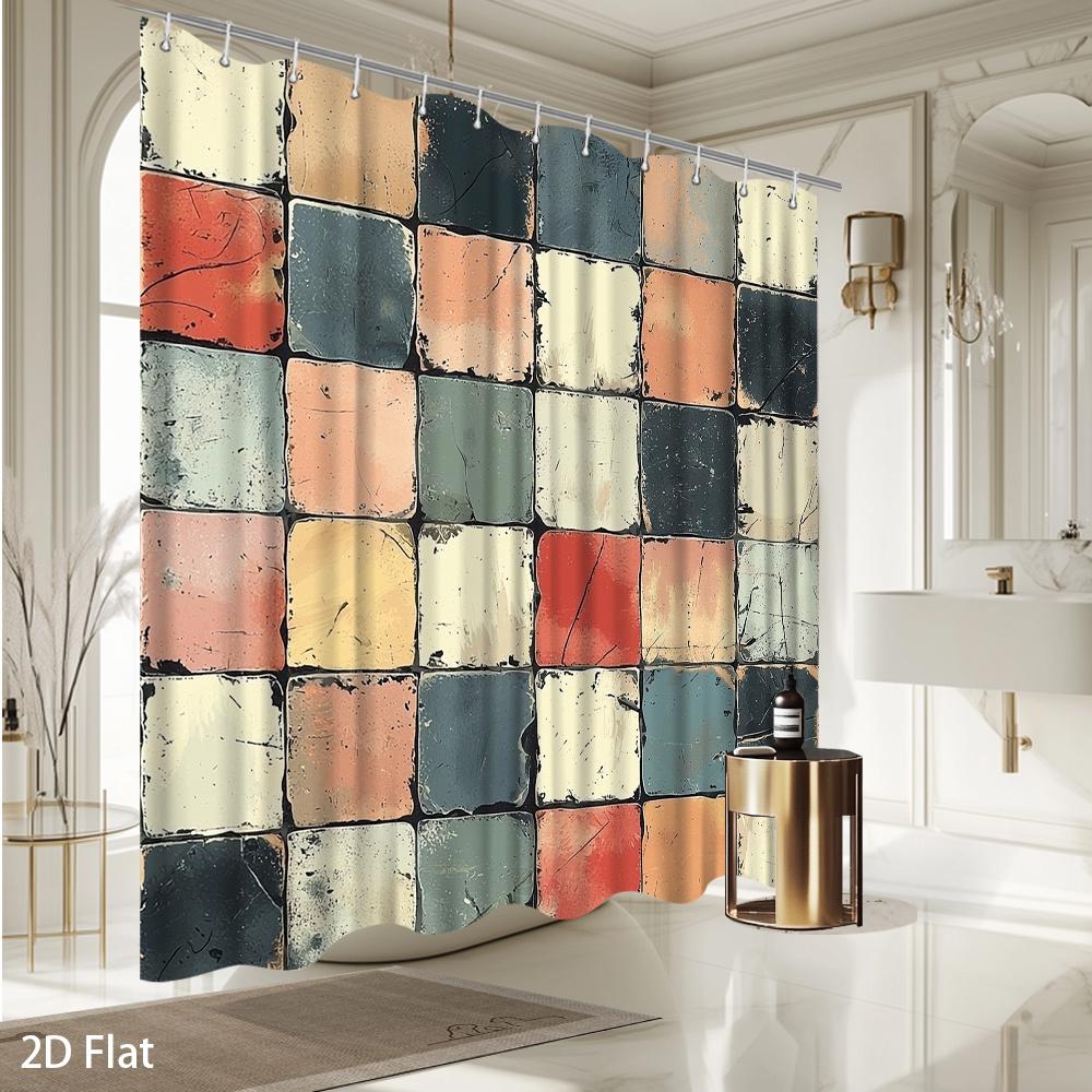 Retro Spanish Mosaic Shower Curtain – Vintage Mediterranean Bath Decor, Multi-Color Tile Design, Machine Washable