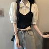 Retro Style Fake Two-piece Contrasting Small Shirt with Bubble Sleeves Spliced Knit Vest Shirt Women's Summer Polo Collar Top