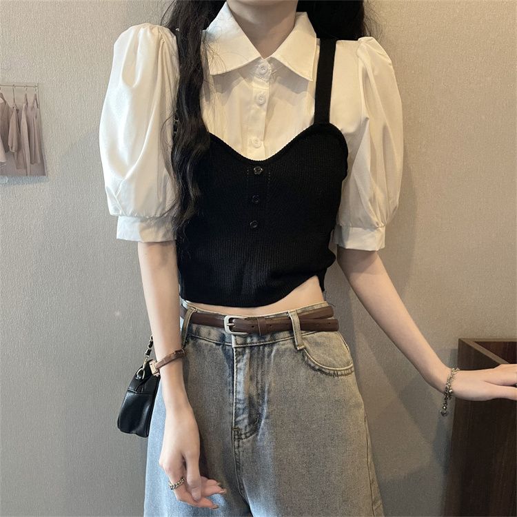 Retro Style Fake Two-piece Contrasting Small Shirt with Bubble Sleeves Spliced Knit Vest Shirt Women's Summer Polo Collar Top