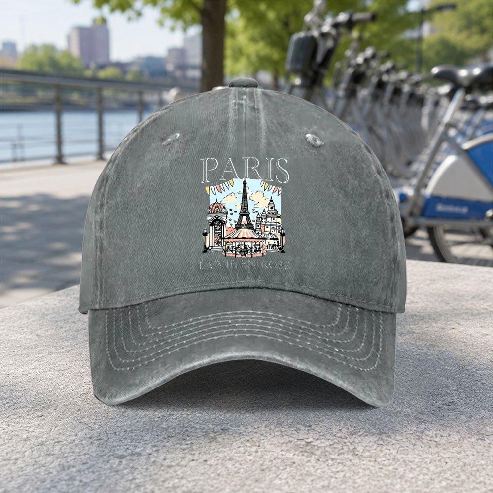 Paris Eiffel Tower Baseball Cap Unisex Lightweight Hook Loop Closure Washed Casual Hat For Beach Fishing Camping Travel
