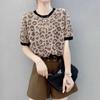 Топ с коротким рукавом из ледяного шелка Женские товары Летняя мода Леопардовый принт Тонкий Круглый вырез Свободный Прилегающий Универсальный Базовый Вязаный свитер