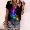 Women's Top Summer New Fashion Rose Flower Colored Feathers Printed Casual Zipper V-neck Short Sleeve Top
