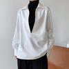 Collarmal Large Size Color Warm Loose Deep Solid V Neck Turn-down Elegant Business Mid Length Blouse