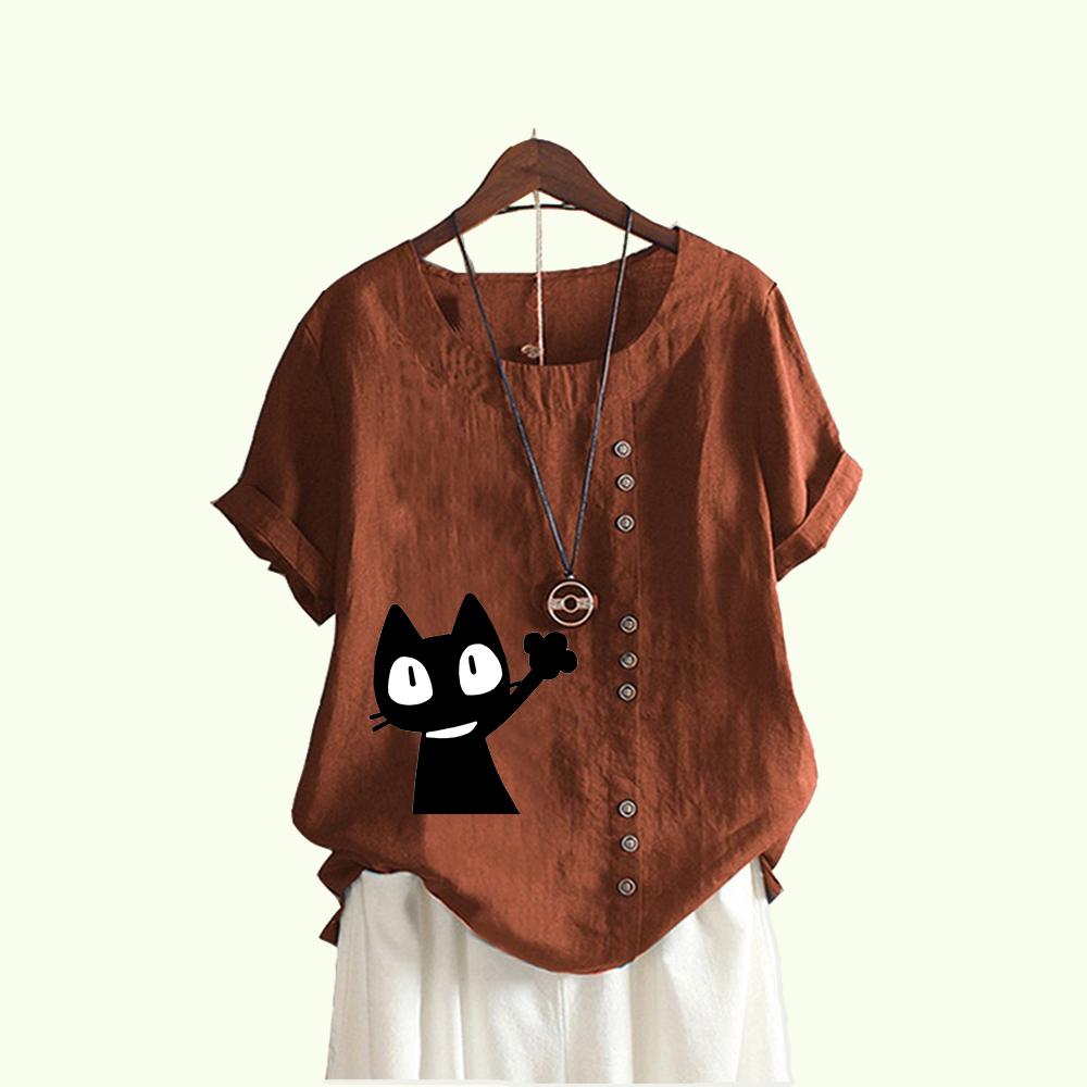 Женская мода блузка с коротким рукавом с принтом кошки, летняя повседневная пуловер с круглым воротником, свободная хлопковая льняная футболка