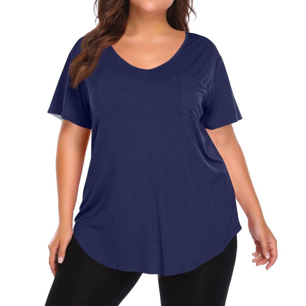 Women's Solid Color Large Size V-neck Top Loose Pocket T-shirt