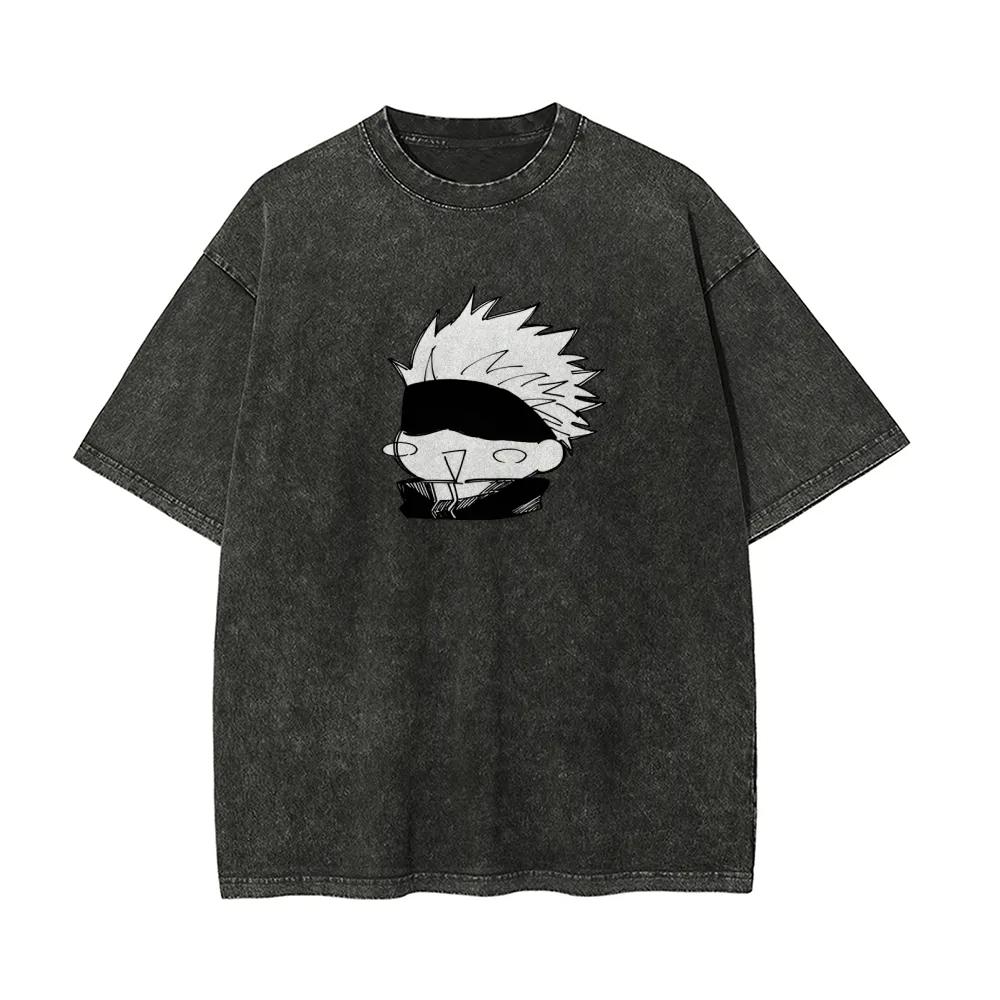 Satoru Gojo Chibi TShirt Jujutsu Kaisen Funny Anime Graphic Tee Vintage Washed Oversized Cotton Harajuku Kawaii Men Clothes