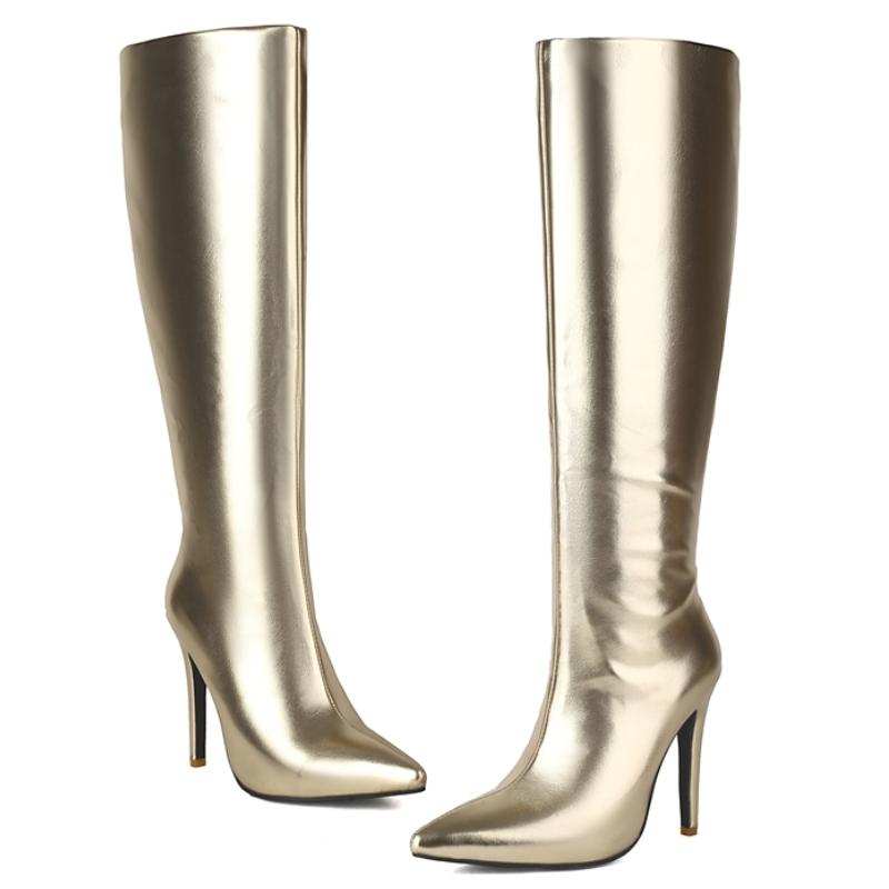 Модные женские сапоги до колена 2024 года, новые осенне-зимние туфли на молнии, роскошные длинные сапоги на каблуке золотого и серебряного цвета, женские, большой размер 45
