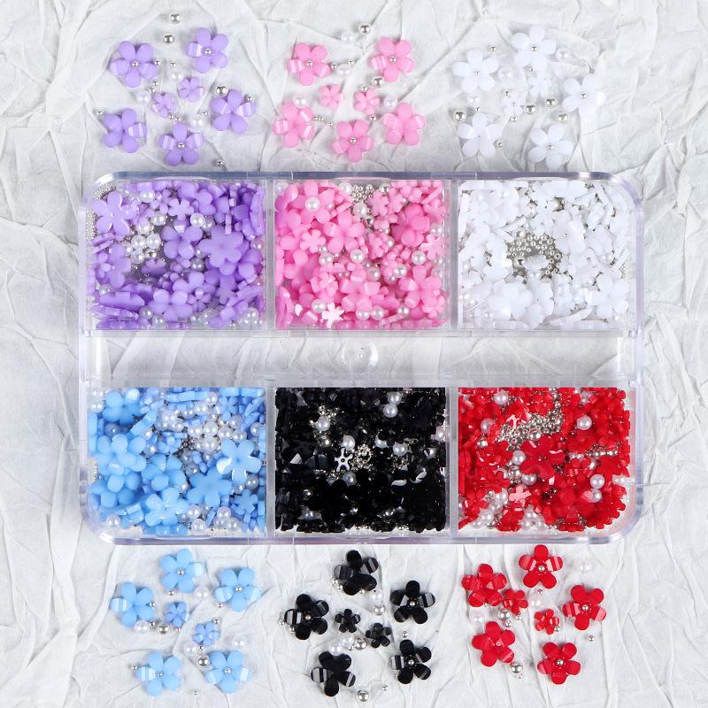 3D Flower Nail Charms, 3D Acrylic Flower Nail Art Rhinestones White Pink Mixed Cherry Blossom Spring Gems with Pearls Manicure DIY Nail Decorations
