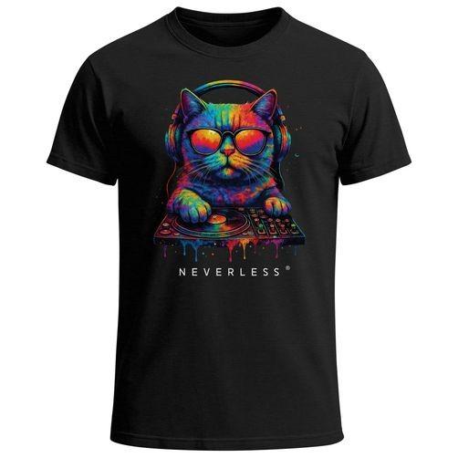 Colorful DJ Cat Headphones Sunglasses T-shirt