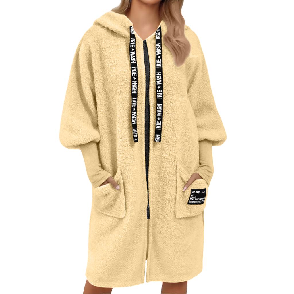 Women's Loose Casual Drawstring Zipper Hooded Warm Lambskin Long Coat