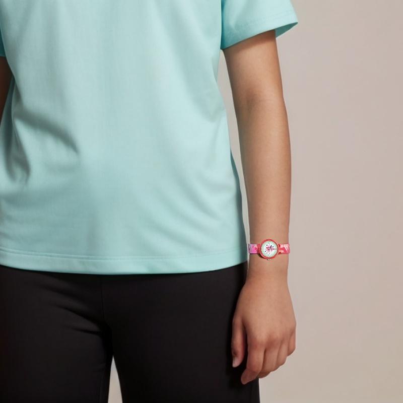 SWATCH Children's Garden Adventure Series Quartz Movement Pink Cherry Children's Swiss Watch 31.8mm Green Dial Plastic Case Fabric Strap ZFPNP057