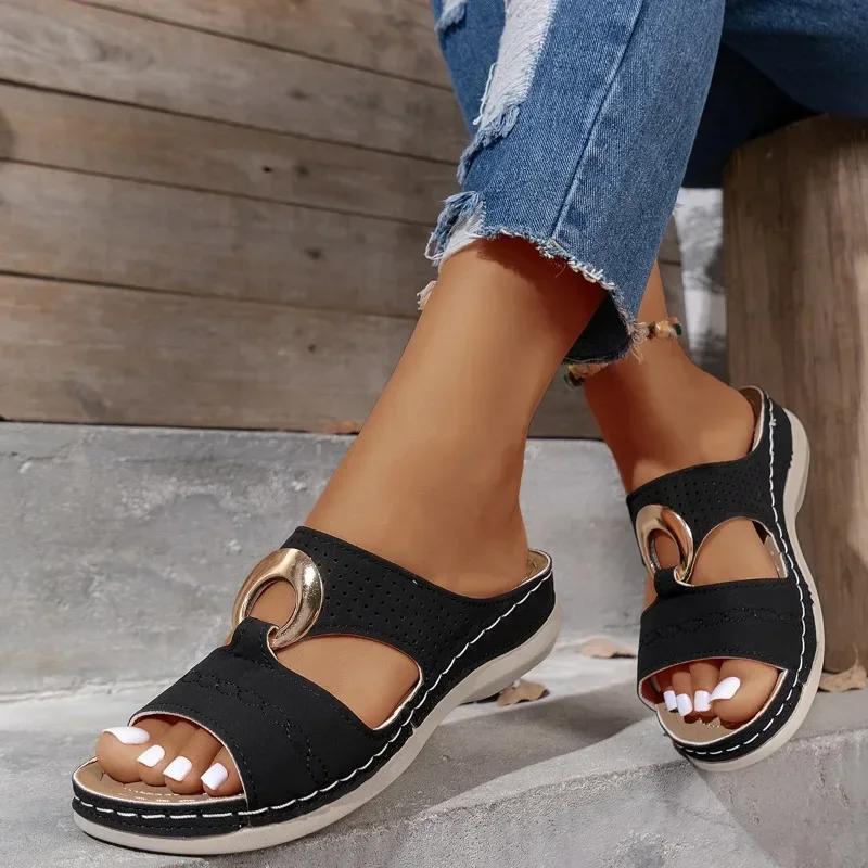 Women's Slip On Platform Wedge Open-Toe Sandals Retro Metal Buckle Summer Beach Casual Slippers Comfortable Ladies Shoes