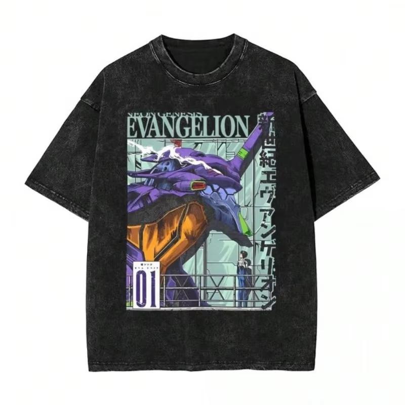 Неон Genesis Evangelion EVA Аниме Печатная Футболка Мужская и Женская Стиранная Футболка Высококачественная Винтажная Хлопковая Футболка