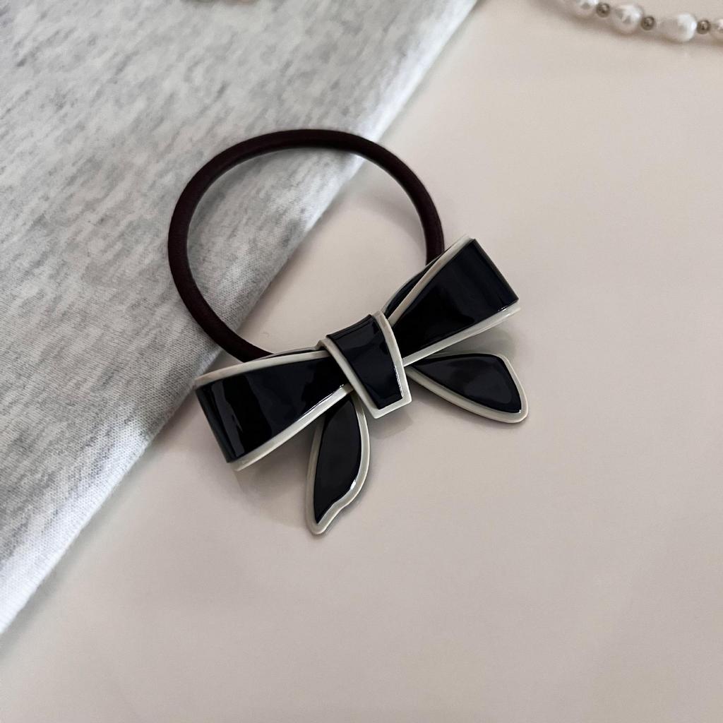 Elegant Acetate Bow Hairpin & Hairband Set - Black and White Clip with Hair Tie.