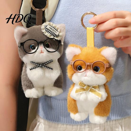 Decorative Key Ring Cute Plush Kitten Pendant with Glasses And Tie Soft Stuffed Animal Ornament for Keys Keychain Backpacks Keys Hanging Plushie