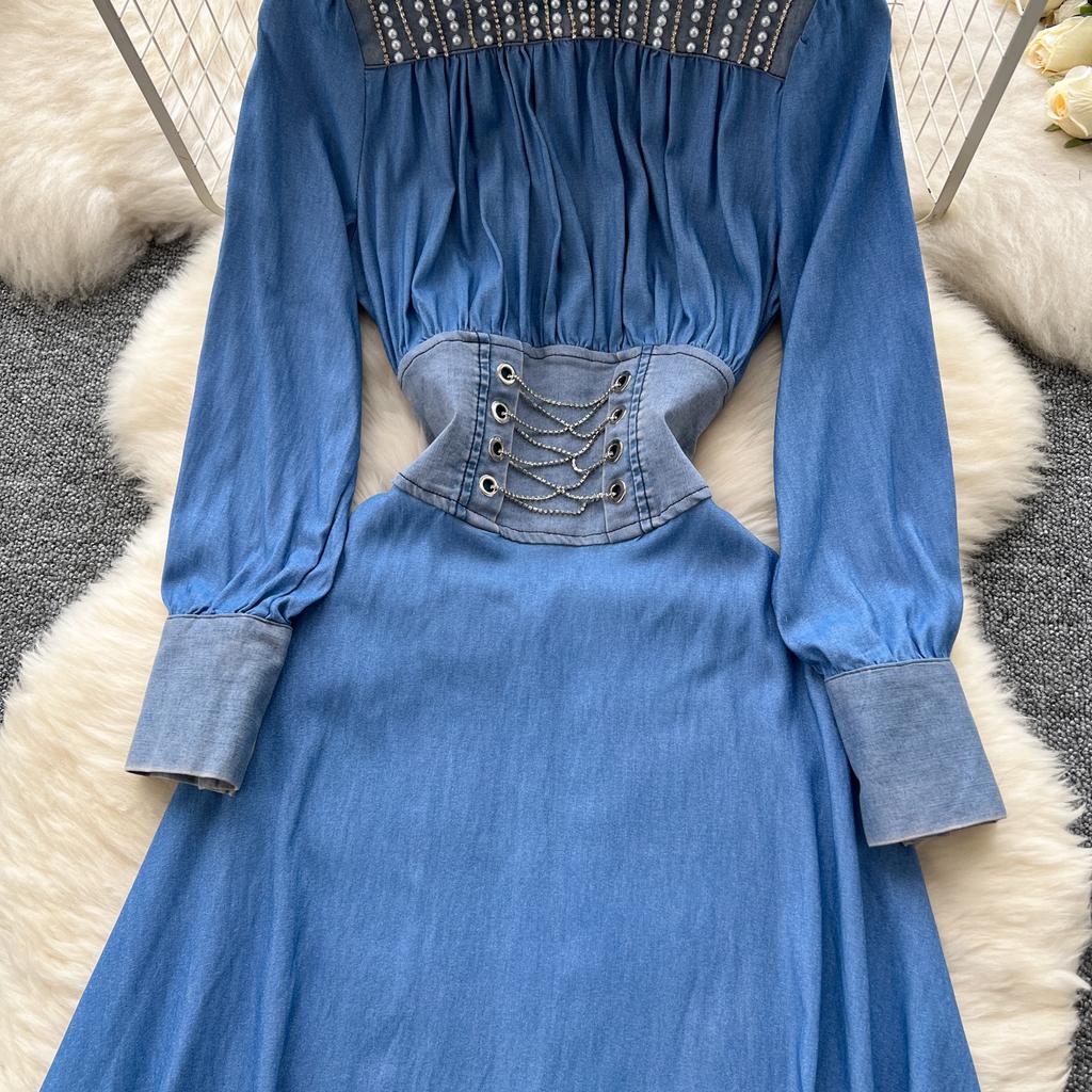 Весна Осень Женские Элегантные Бисероплетение Длинные Миди Вечерние Джинсовые Платья