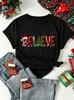 Christmas T‑Shirt Believe Print Santa Hat Reindeer Antler Xmas Tree Lights Shirt Short Sleeve Casual Holiday Party Tee Tops Gift