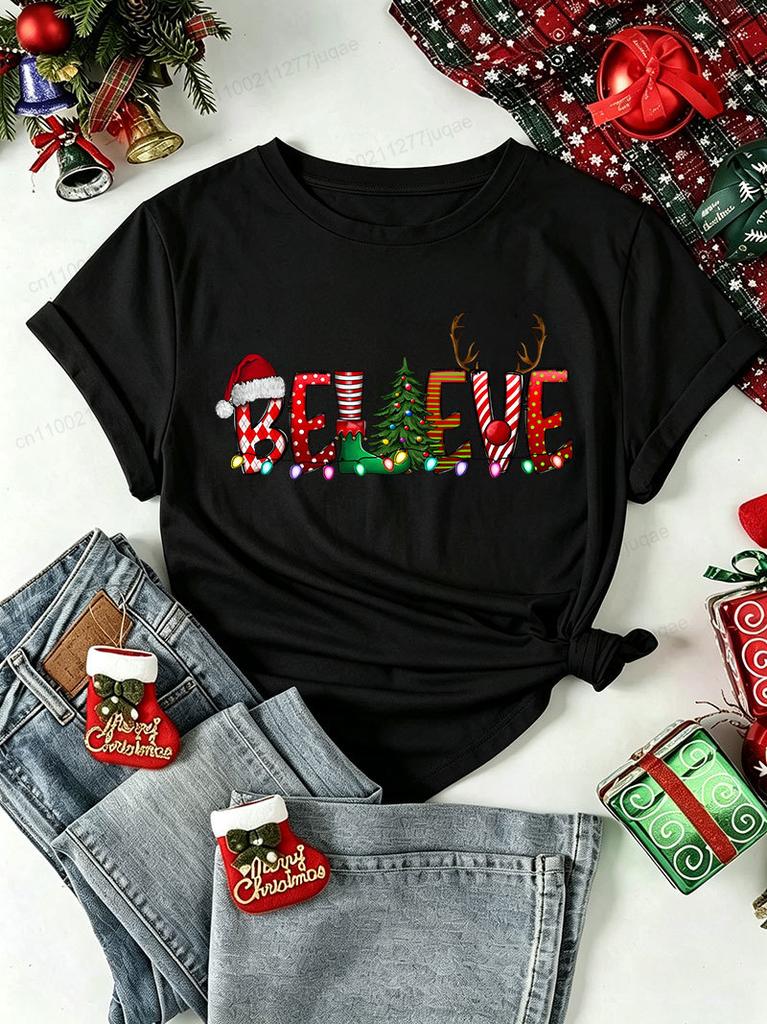 Christmas T‑Shirt Believe Print Santa Hat Reindeer Antler Xmas Tree Lights Shirt Short Sleeve Casual Holiday Party Tee Tops Gift
