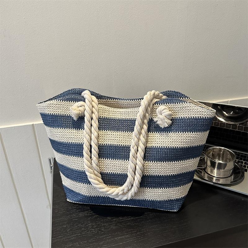 Yogodlns Женская тканая пляжная сумка большой емкости, полосатые сумки на молнии, соломенная сумка в стиле ретро, женская летняя повседневная сумка