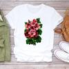 (Asian Size) Flower Watercolor Lovely Women Print Tee Top Clothing Casual Short Sleeve Lady Fashion Tshirt Female Graphic T-shirt