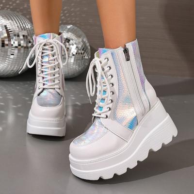 Внутренние ботильоны Осень Новые Круглый носок Шнуровка спереди Боковая молния Платформа Противоскользящие Износостойкие Клиновидные туфли