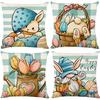 Easter Linen Pillowcase Blue Plaid Rabbit Flowers Easter Egg Print Spring Sofa Pillowcase