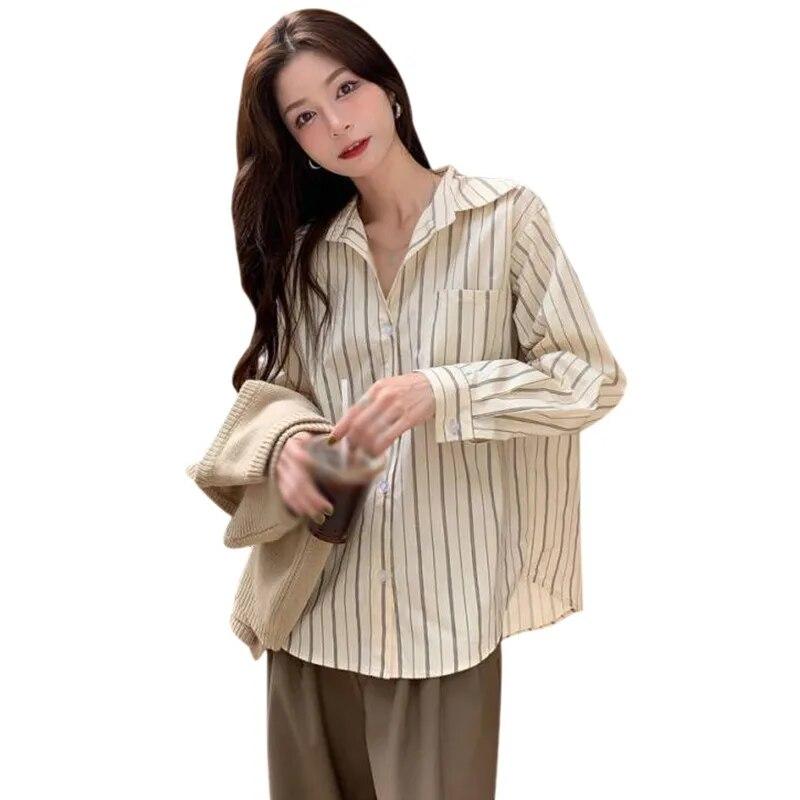 Рубашки с воротником с лацканами для женщин, свободная блузка с длинными рукавами, однобортный топ в полоску на пуговицах, рабочий офисный топ