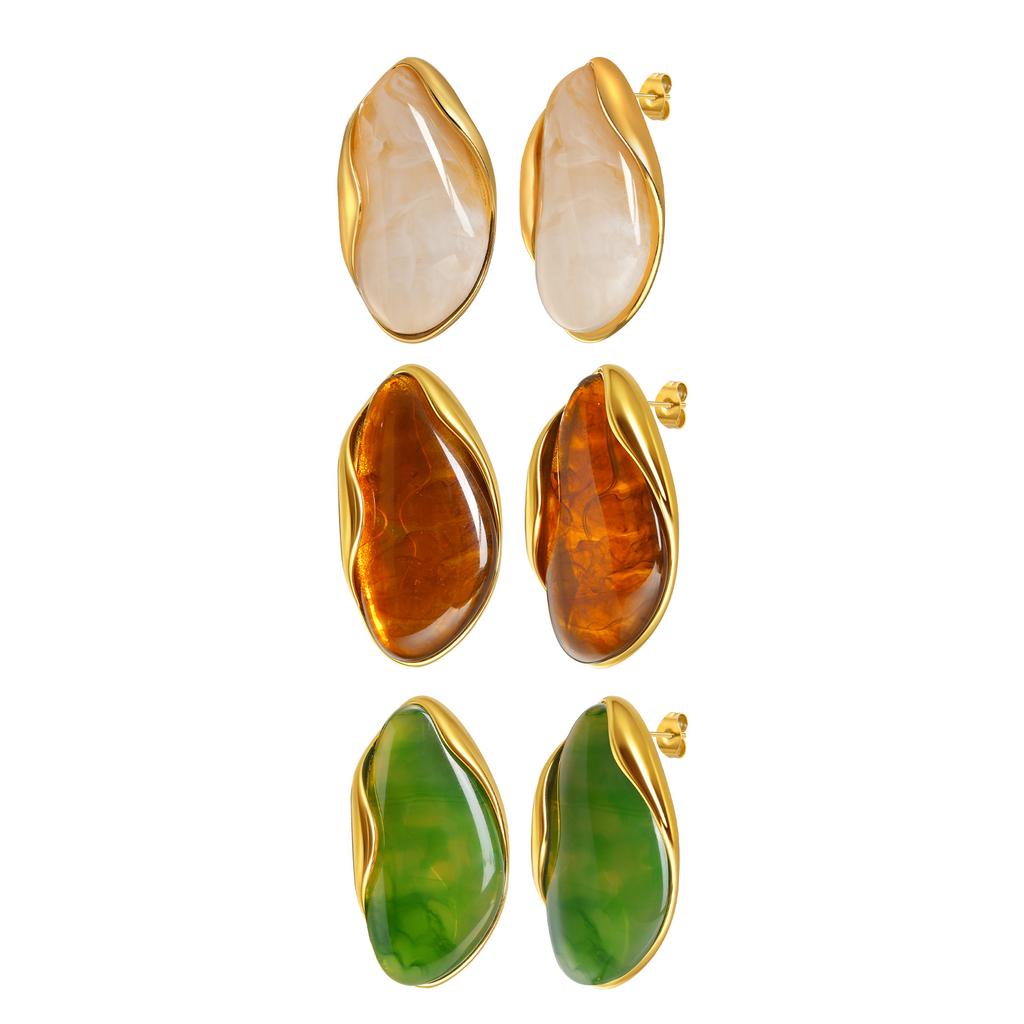 White Brown Green Resin Geometric Stud Earrings, Gold Plated Stainless Steel Earrings, New Design Jewelry for Women Gift