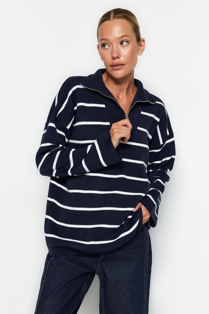 Women's Fashionable Stylish Sweater Navy Blue Wide Fit Zippered Striped Knitwear Sweater