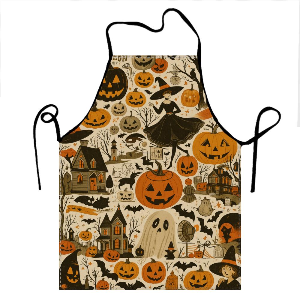 Vintage Halloween Pumpkin Witch Bat Castle Print Apron with Black Cat,Apron for Cooking, BBQ, Candy Making or Adults7.23