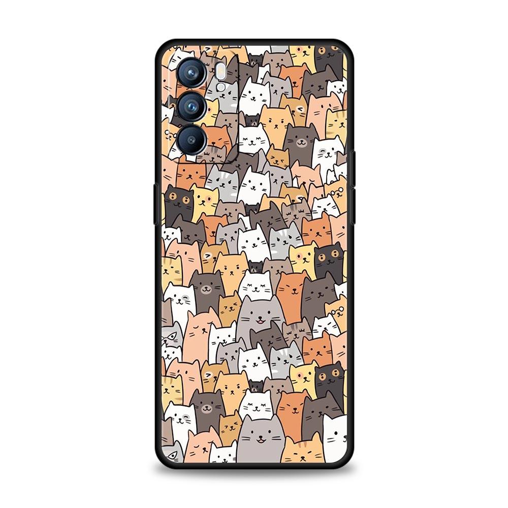 Cartoon Cute Cats Background Phone Case For Oppo Find X5 A53 A52 A9 2020 A54 A15 A95 A16 A76 A74 A12 Reno7 Pro SE Reno6 Z Cover
