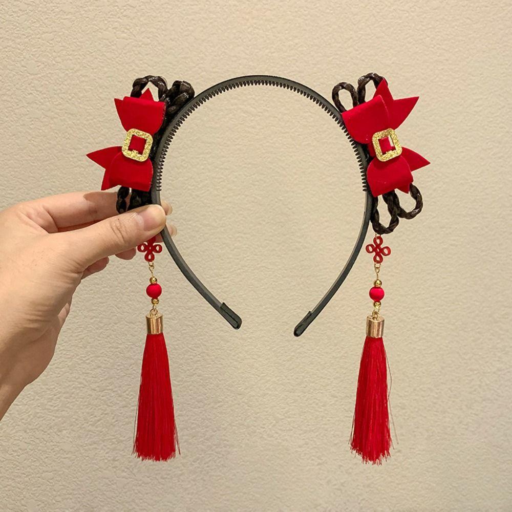 Braid Hair Children Wig Headband Flower Hanfu Hair Sticks Simple Red Bow Hairband Baby