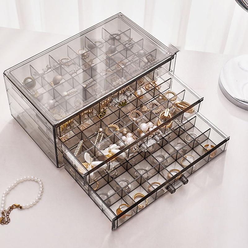 1 Pack 3 Layer 72 Grid Large Capacity Ring Earring Necklace Jewelry Storage Box Desktop Drawer Organizer Dust-Proof Storage Box