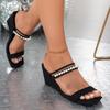 Slope Heel Sandals Summer New Square Head Shallow Mouth Open Toe Pearl Line with Anti-slip Wear-resistant Slippers