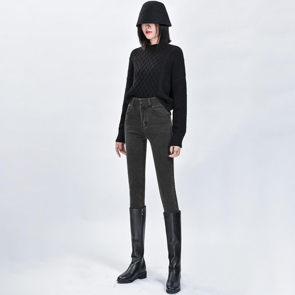 Autumn and Winter New Simple High-waisted Jeans Female Slim-fitting High and Thin Elastic Tight Small-footed Jeans Tide
